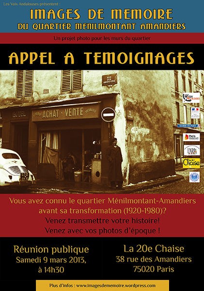 AFFICHE REUNION 9 MARS pour site2 Lancement du projet Images de mémoire de Ménilmontant Amandiers CÃ©cile Cee